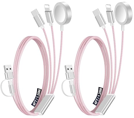 2Pack Travel Essentials for Apple Watch Charger,3-in-2 Multi Charging Cable | Cruise Vacation Camping Essentials for iPhone Charger,Type C/Lightning for iWatch,iPhone 17-12,Xbox Series X&S-4FT Pink