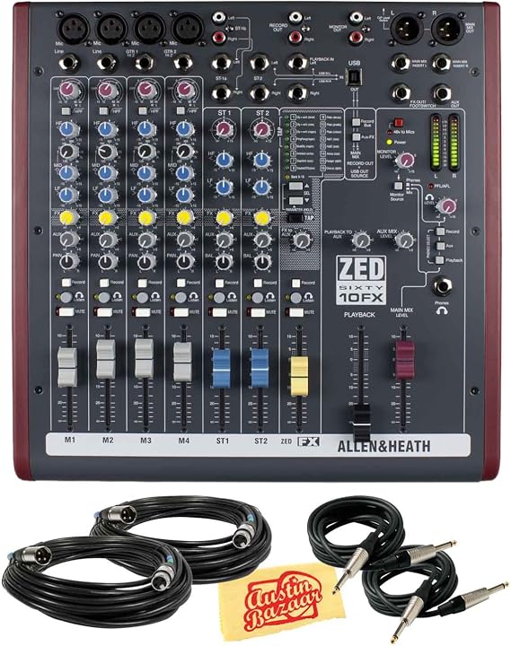 Allen & Heath Zed60-10FX 10-Channel Mixer Bundle with 2 Mic Cables, 2 Instrument Cables, and Polishing Cloth