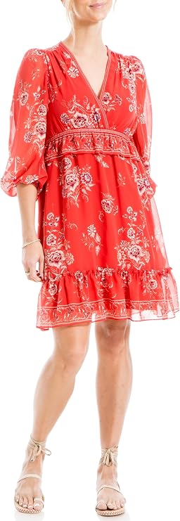 Max Studio Women's Spring 2023 Everyday Fashion Printed Georgette Long Sleeve V-Neck Chic Short Dress