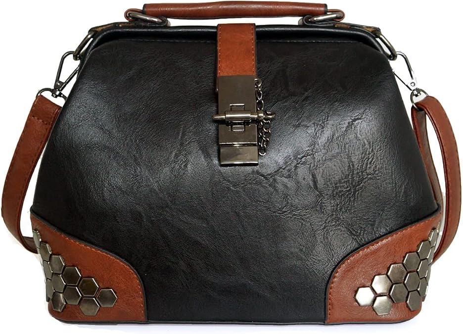 Mn&Sue Gothic Studded Doctor Bag for Women Vintage Rivet Crossbody Satchel | Stylish Punk Faux Leather Studded Top Handle Shoulder Handbag Bucket Purse for Daily Work Nightclub Party Travel Medium Size