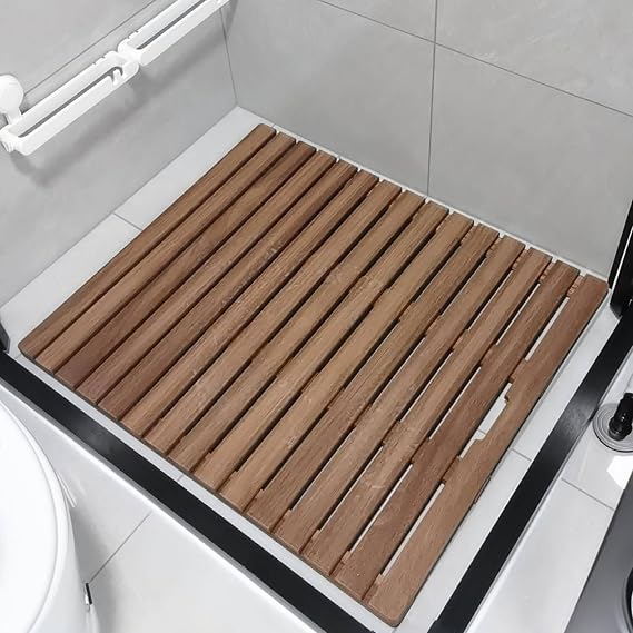 Wooden Bath Shower Mat, Length Teak Solid Wood Shower Floor Mat with Anti-Slip Foot & with Center Drain Hole, for Inside Shower/Tiled Floor,30x44in(76.2x111.7cm)