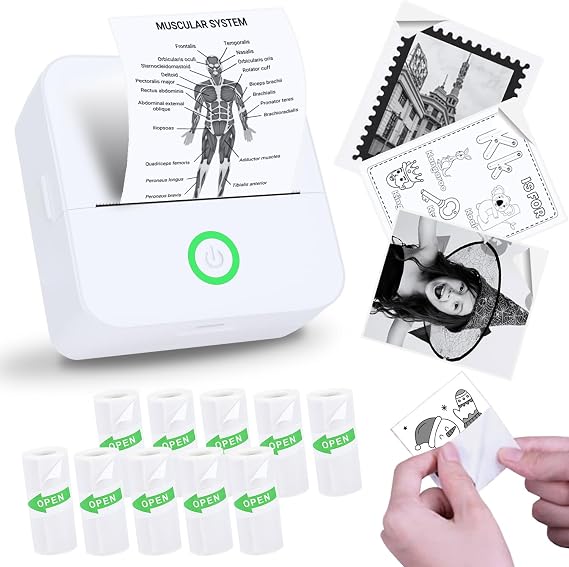 Mini Sticker Printer, Sticker Maker Machine with 10 Sticker Paper Rolls, Mini Printer Sticker Maker for Labels/Notes, Compatible with iPhone, Android Phone & Tablet, White