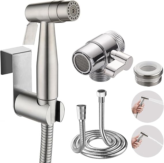 Portable Bidet Sprayer Kit - Stainless Steel Toilet Water Spray Bidet Attachment with Tap Diverter for Kitchen Sink Faucet or Bathroom