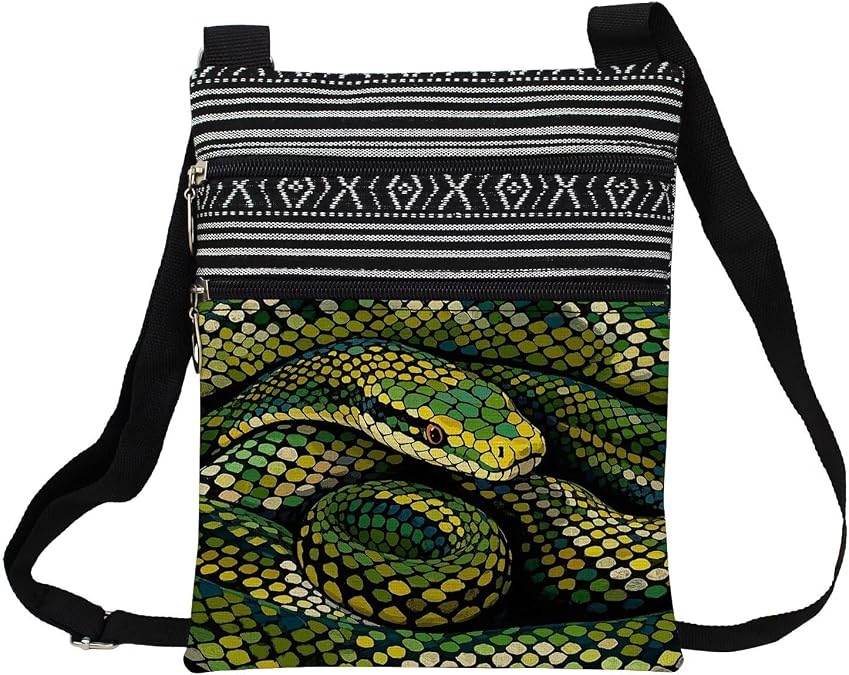 Snake Messenger Bag Small Ethnic Pattern Printed Adjustable Strap Crossbody Zipper Pouch Green Snake Phone Organizer Wallet Cute Shoulder Handbag For Women Friends