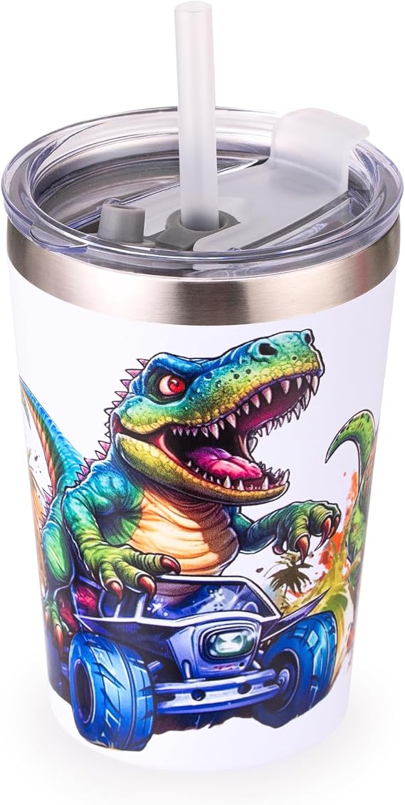 Dinosaur Tumbler for Kids, 12 oz Cute Insulated Tumbler with Lid and Straw, Double Wall Stainless Steel, Toddler Sippy Cup For Boys & Girls Travel & Home, White