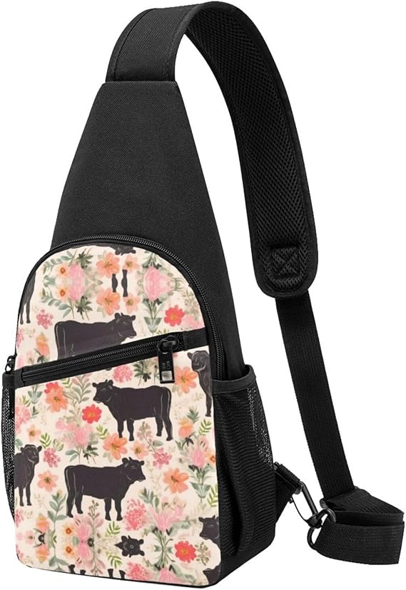 Pink Flower Show Steer Cows Cattle Print Chest Pack Fashion Chest Sling Bag Crossbody Shoulder Backpack Unisex