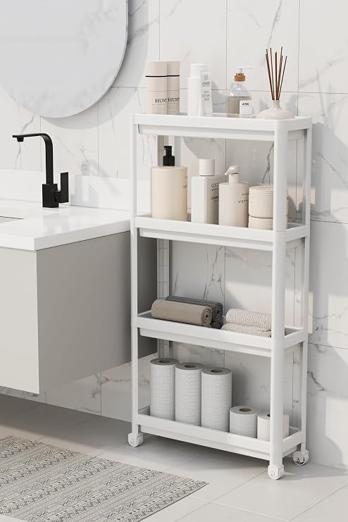 Mithra Life 4 Tiers Slim White Bathroom Kitchen Shelf with Wheels MIT1200