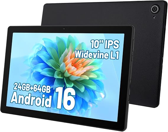 Hakaug Tablet 10 Inch Android 16 Tablets PC 24 GB RAM 64 GB ROM 1 TB TF Extension 1280x800 IPS Touchscreen Widevine L1 WiFi 6 BT5.4 Dual Camera 6000 mAh (Black)