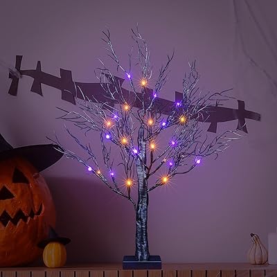 LIGHTSHARE 26IN Halloween Willow Bonsai 20LED Lights Artificial Black Spooky Tree for Home, Festival, Nativity, Party, and Christmas Decoration, Plug in or Battery OrangePurple