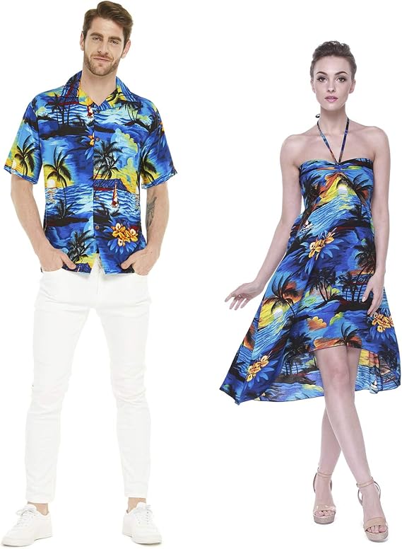 Couple Matching Hawaiian Luau Party Outfit Set Shirt Dress in Sunset Blue