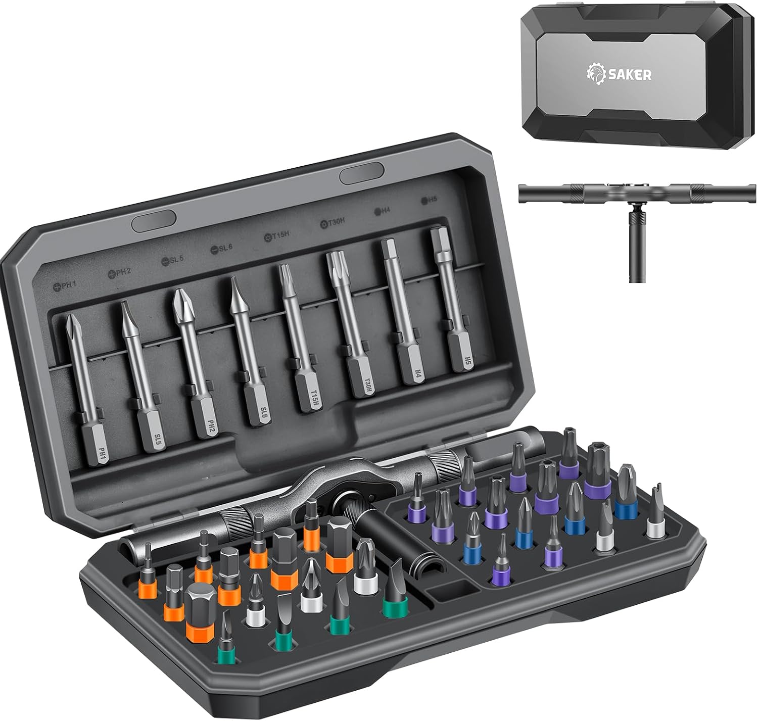 Saker 42 in 1 Magnetic Screwdriver Set, Multi Bit Free Combination Ratchet Screwdriver Set Portable Repair Tool Kit for Gifts, Furniture, Computer, Bicycle and DIY Grey