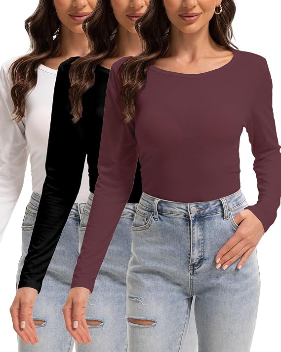 Womens Round Neck Long Sleeve Shirts Basic Tee