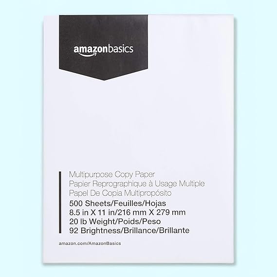 Amazon Basics Multipurpose Copy Printer Paper, 8.5 x 11 Inches, 20 lb, 92 Bright, White, 1 Ream (500 Sheets), Jam-Free