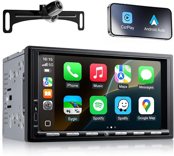 AINAVI Android 2+32G Double Din 7" HD Car Radio Stereo with Button | CarPlay/Android Auto 48B EQ&DSP 4.1-Channel Outputs 240W SWC/Bluetooth/AM/FM/Backup Camera