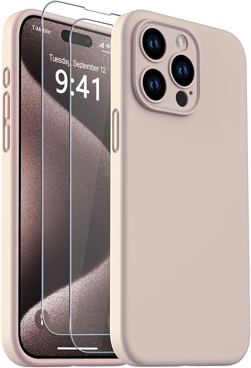for iPhone 15 Pro Max Case, Liquid Silicone Case with [Tempered Glass Screen Protector] [Full Camera Protection], Soft Anti-Scratch Microfiber Lining Phone Case, 6.7 inch (Pink)