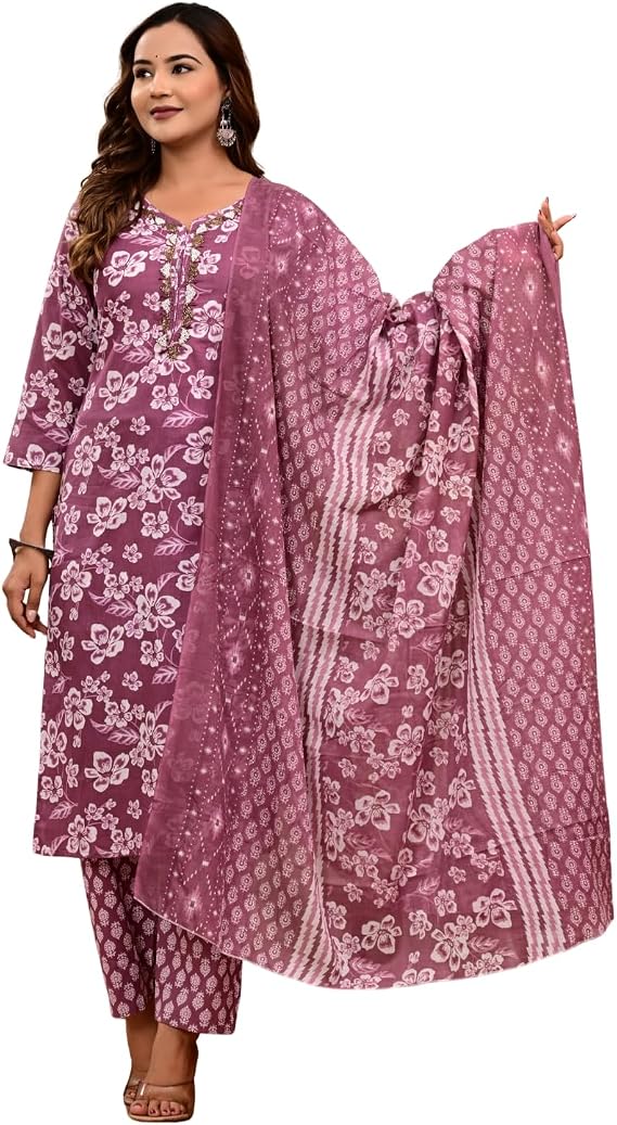Womens Pure Cotton Floral Printed Straight Kurta Set with Pant & Dupatta Purple