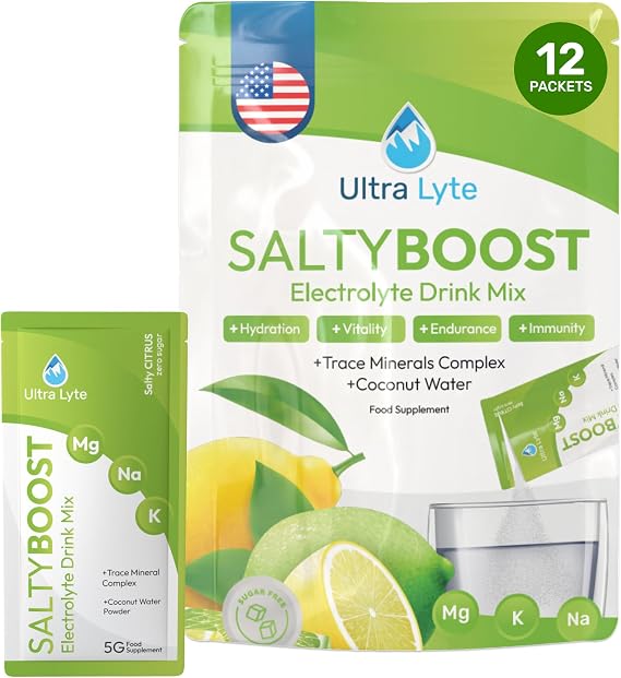 Ultra Lyte Electrolytes Drink Mix - Sugar-Free Sachets with High Sodium, Trace Minerals, and Coconut Water - Hydration for Sports, Fitness, and Recovery (12 Servings (Pack of 1), Salty Citrus)