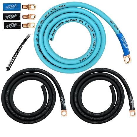 Sky High Car Audio 4 Gauge OFC Big 3 Upgrade Kit, Oxygen Free Copper Power Ground Wire Kit, Battery Cable & Alternator Wiring (Aqua/Black)