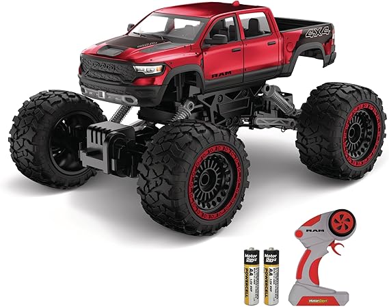 RC 4WD Heavy Metal RAM 1500 Pickup Truck 1:14 Scale, Officially Licensed Stamped Metal Body, 4x4 All-Wheel Drive, 2.4GHz Full-Function Remote Control, Ready-to-Run, USB Charging, Red