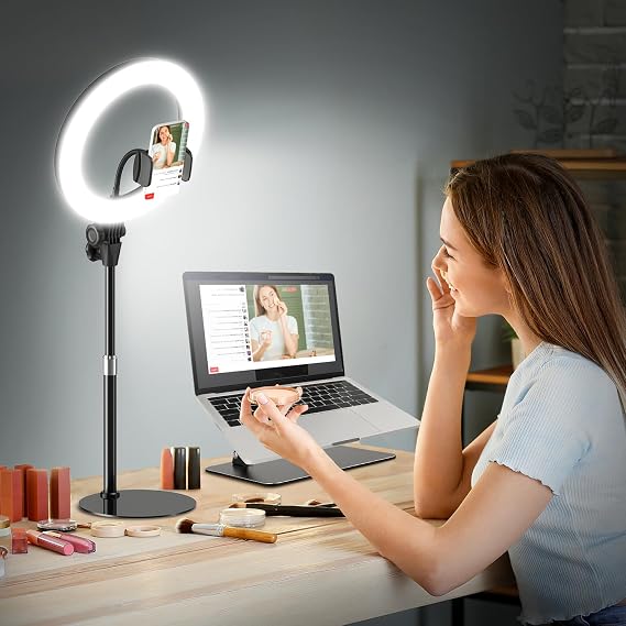 10'' Desk Ring Light with Stand Zoom Lighting with Phone Holder for ComputerVideo CallsConference CRI95 LED Adjustable Circle Light, 10'' Large Lamp Head, Content Creator Friendly