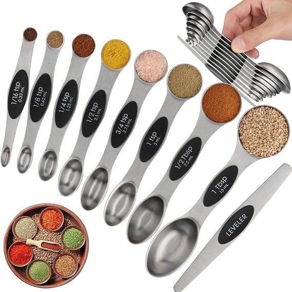 Magnetic Measuring Spoons Set of 9 Stainless Steel Dual Sided Teaspoon | Tablespoon Nesting Measuring Spoon for Measuring Dry and Liquid Ingredients Fits in Spice Jar