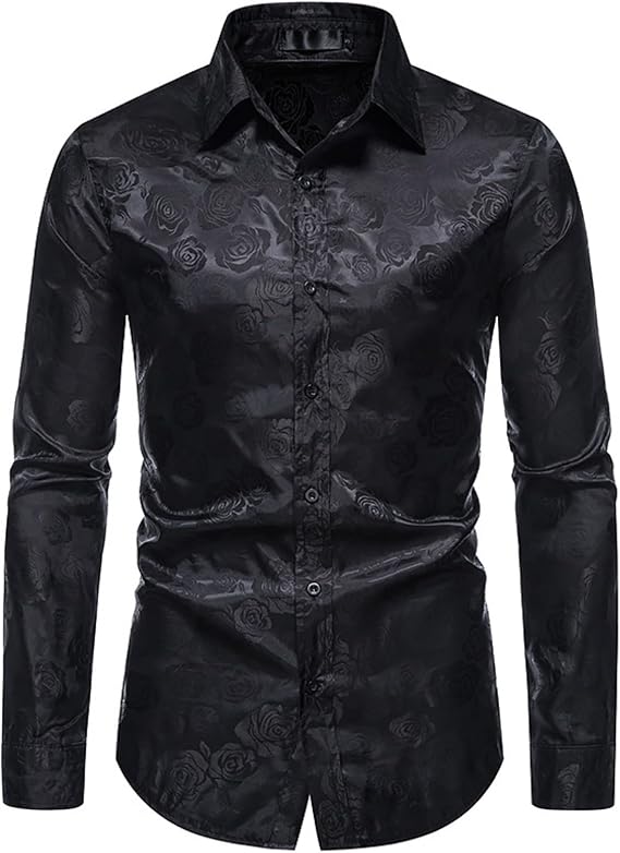 Men's Fashion Long Sleeve Floral Lapel Casual Shirt Slim Fit Casual Printed Shirt Button Dress Shirt Formal (Black,Large)