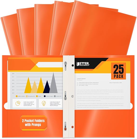 Better Office Products 光沢オレンジペーパーフォルダー 25個パック レターサイズ 高光沢オレンジペーパーポートフォリオ 3つのメタルプロングファスナー 25個セット オレンジ