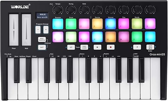 LANRU Orca mini25 Portable 25-Key USB MIDI Keyboard Controller with 16 RGB Backlit Trigger Pads 8 Assignable Control Knobs