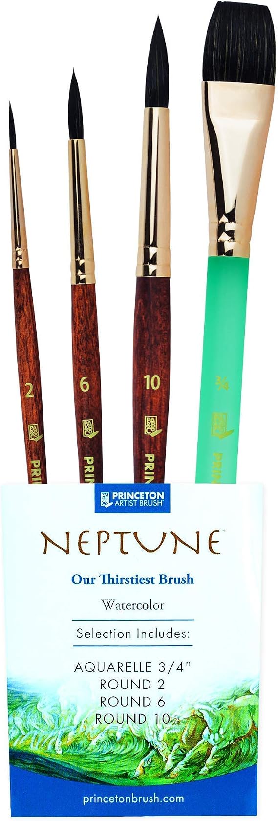 Princeton Neptune 4750 Series Watercolor Brush Set Watercolor Brushes Professional Soft Synthetic Squirrel Hair Artist Water Paint Brush Set 1pc Aquarelle 3/4" & 3 Round Brushes (Sizes 2, 6, 10)