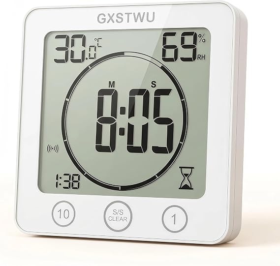 Digital Shower Clock, Bathroom Timer Clock, Waterproof for Water Spray, Count Up Count Down Alarm, Touch Screen Timer, Temperature Humidity, Wall Clock Magnet, Suction Cup, Hang, Stand (1pack)