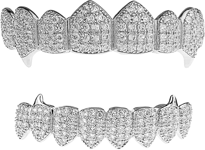 Vampire Fangs CZ Grillz Set Silver Tone 8 Top and Eight Bottom Teeth Iced Bling Grills