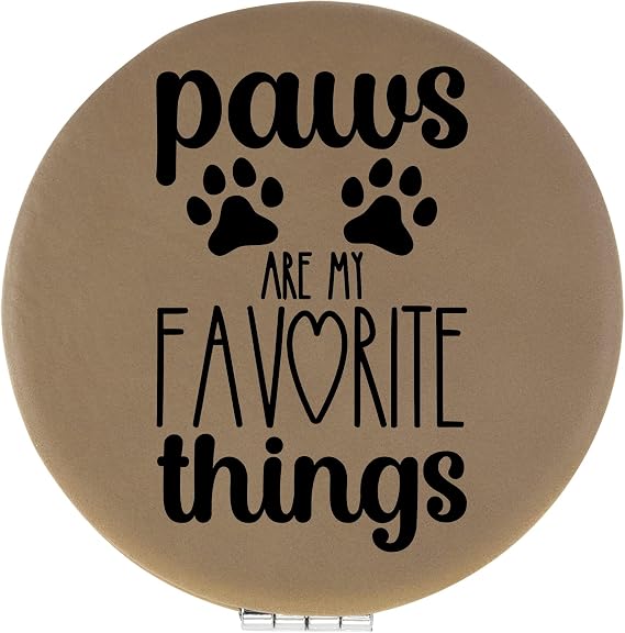 Paws are My Favorite Things Light Brown Laser Engraved Leatherette Compact Mirror - Stylish and Practical Portable Makeup Mirror - 2.5 Inch Diameter