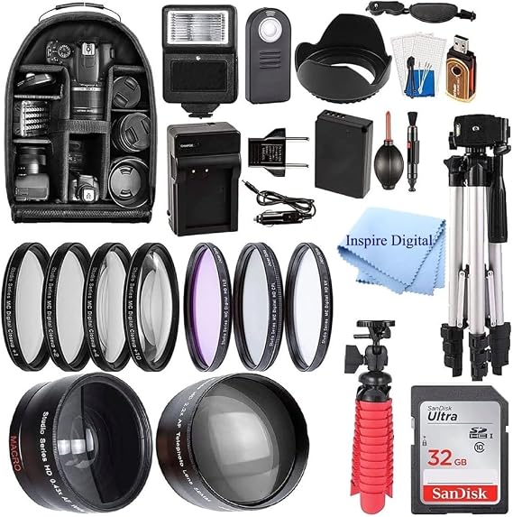 58mm Accessory Bundle for Canon EOS Rebel T7, T6, T5, T3, T100, 4000D, 2000D, 3000D and More with 32GB High Speed Memory Card, Wide Angle Lens, Telephoto Lens, Tripod, Backpack W/Inspire Digital Cloth