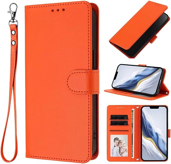 Compatible VIVO V60 Lite 5G Case, PU Leather, Notebook Type Cover, TPU Inner Shock Absorption, Card Storage, Large Wallet Pocket, Stand Function, Hand Strap Included, Orange