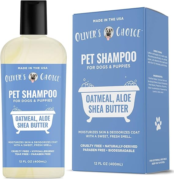 OLIVER'S CHOICE Dog Shampoo with Oatmeal, Aloe & Shea Butter Deodorizing Puppy Shampoo for Smelly Dogs, Itchy Skin Relief, Paraben-Free, Biodegradable, Cruelty Free 14 fl. oz | Sensitive skin care, Itch relief, Deodorizing, Aloe, Shea butter, Soft coat hydration