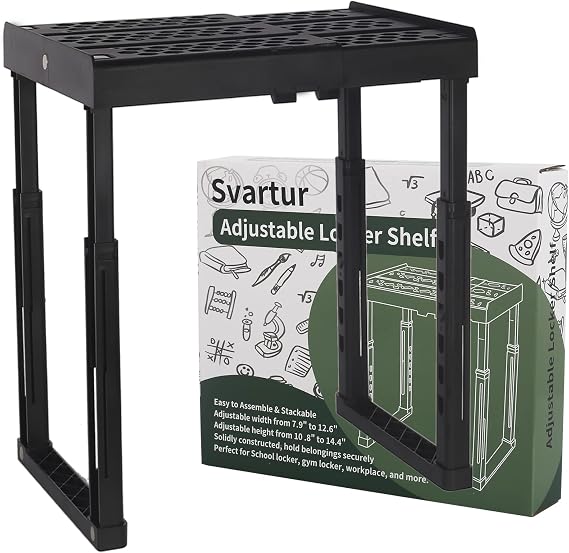 Svartur Locker Shelf for School Locker Adjustable Height and Width, Locker Organizer Shelf Stackable Locker Tools for Gym Lockers, Office, Back to School Essentials, Black