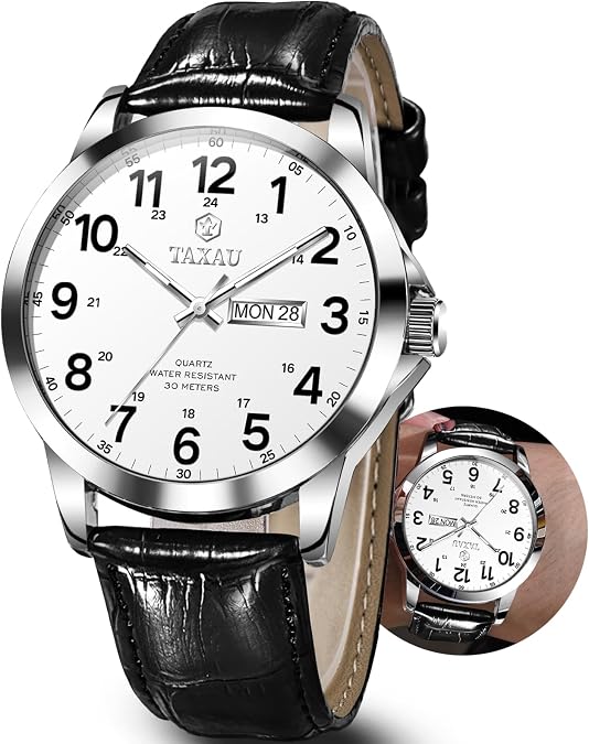 Taxau Watch Men,Big Face Watch for Men,Leather Band Wrist Man Watches,Classic Date Day Watches Mens Analog Waterproof Relojes para Hombres Blue/Gray/White/Black Dial