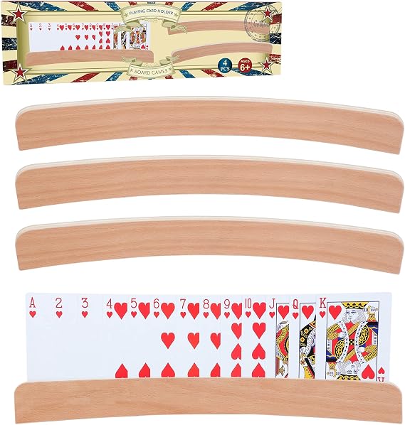 GOTHINK Set of 4 - Wood Curved Playing Card Holder for Kids Adult Seniors Solid Wood Cards Holders for Playing Cards 13.4 x1.4 x 0.5 Inch Non Slip Card Deck for Bridge Canasta Strategy Card Games