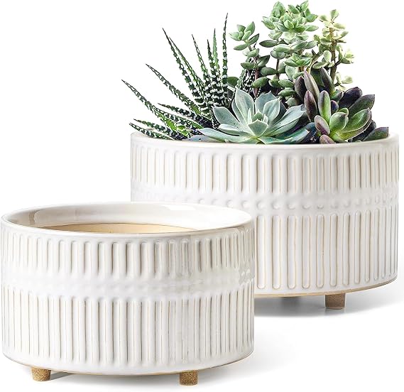 LE TAUCI Succulent Pot 16.5 + 20 cm Ceramic Indoor Flower Pot with Drainage Holes Modern Cylindrical Decorative Flower Pot Gifts for Mum Set of 2 Reactive Glaze White