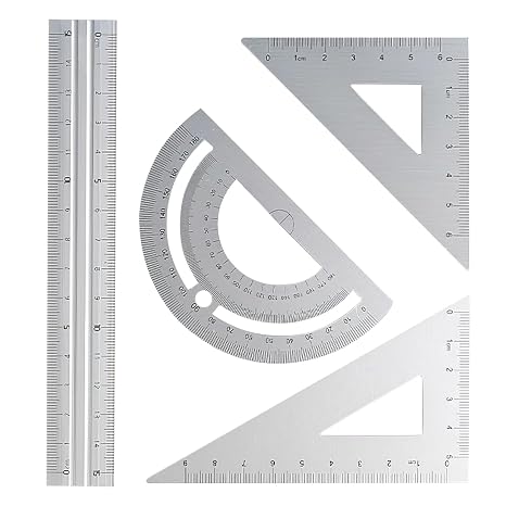 4PCS Math Ruler Geometry Tool Set, Metal Aluminum Alloy Rulers Lightweight Includes Straight Rulers, Triangle Ruler, Protractor for Kids School tooles, Student Math Supplies