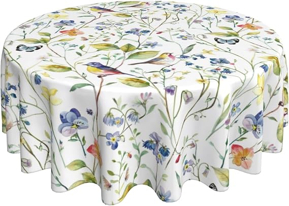 KiuLoam Spring Floral Tablecloth Round 60 Inch Summer Blue Green Flower and Bird Farmhouse Easter Decorative Table Cloth Washable Polyester Table Cover for Home Kitchen Dining Party