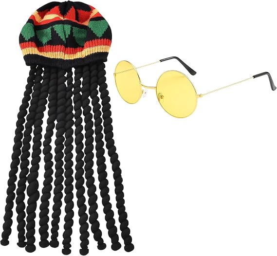 Rasta Hat with Yellow Glasses, Dreadlock Wig and Funny Hat Set for Cosplay, Caribbean Fancy Dress Black Dreadlocks Wig Rasta Ha, Themed Parties and Carnival