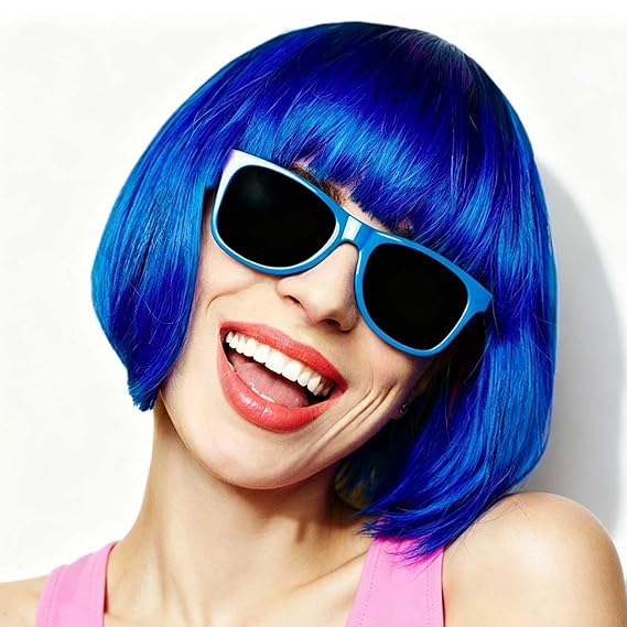 Short Bob Wigs With Bangs Blue Bob Wig Synthetic Hair 12 Inch Daily Cosplay Wig (Blue)