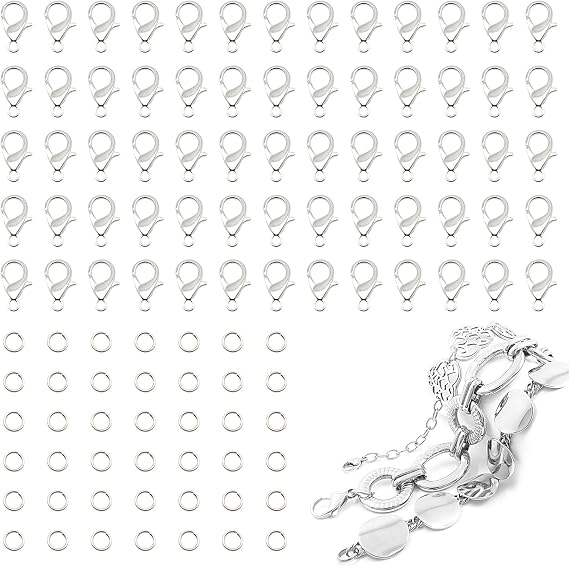 FENGWANGLI Necklace Clasp for Jewelry Making, Bracelet, Keychains(Silver) | 60Pcs Lobster Claw Clasps | 240Pcs Open Jump Rings | Necklace Making Supplies