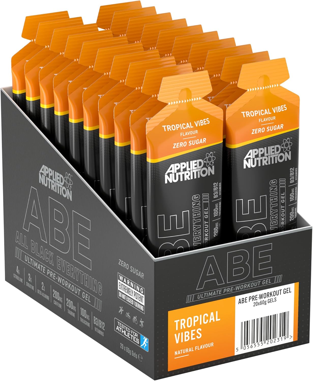 Applied Nutrition ABE Pre Workout Gel - All Black Everything Pre Workout Gel, Energy & Physical Performance with Citrulline, Creatine, Beta Alanine 20 x 60ml Gels Tropical Vibes