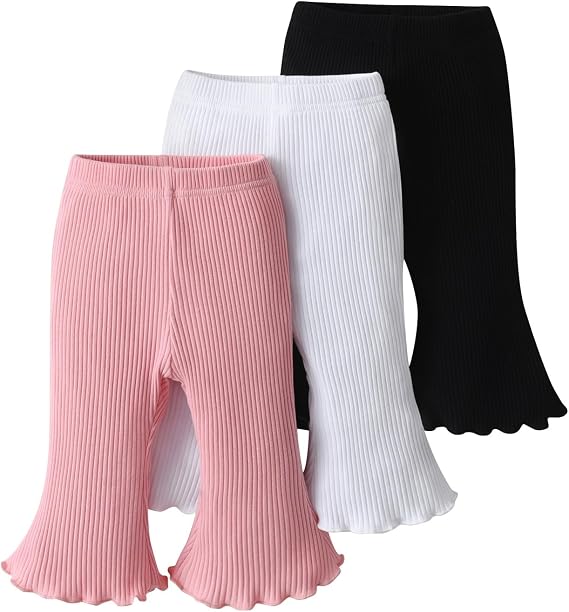 3 Pack Infant Baby Girl Solid Color Flare Pants Ribbed Bell-Bottoms Leggings