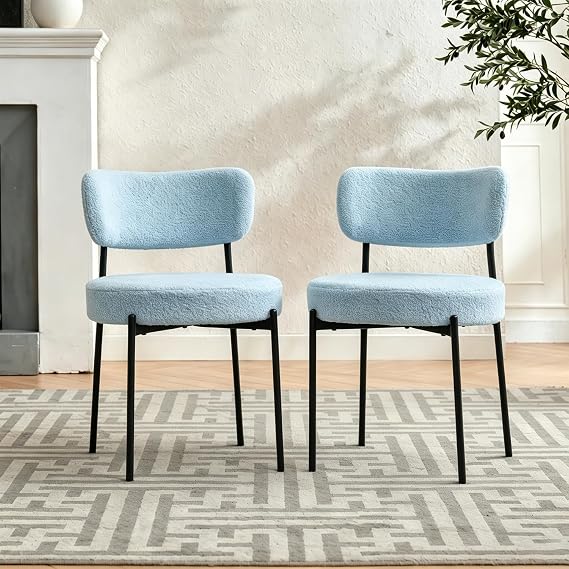 Blue Boucle Dining Chairs Set of 2, Mid Century Modern Dining Room Chair with Curved Backrest & Metal Legs, Round Upholstered Dining Chairs for Kitchen, Living Room