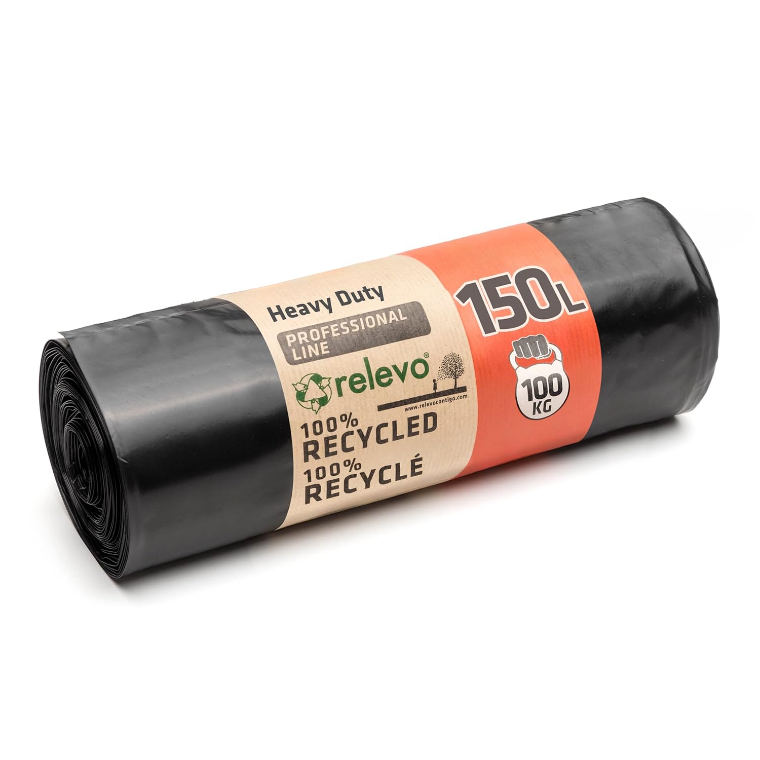 Relevo Professional Heavy Duty Black Bin Bags – 150L Width 80 cm × Height 110 cm, 10 Bags per Roll | Extra Strong &amp; Leak-Proof | 75 µm Microns | 100% Recycled LDPE