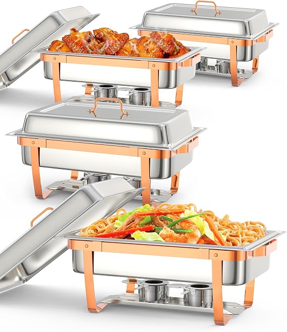 Chafing Dish Buffet Set, 8 QT 4 Pack, Rectangle Chafing Dishes for Buffet w/Lid Holder, Stainless Steel Chafer Food Warmers Servers for Kitchen Party Banquet Dining, Rose Gold