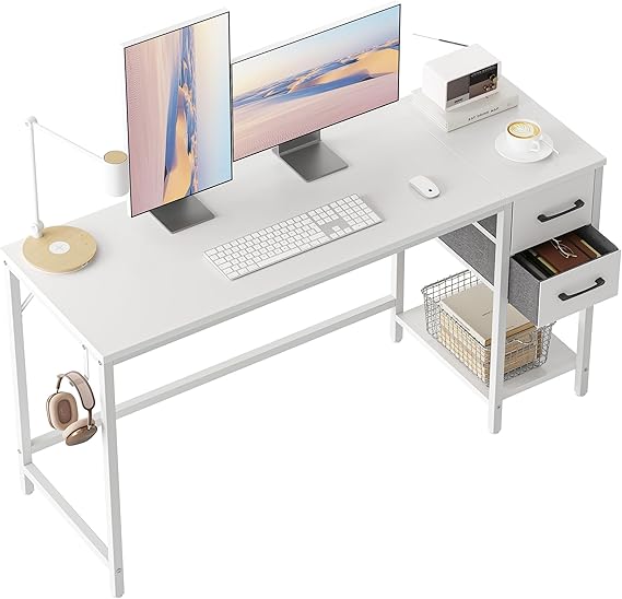 Cubiker Computer Desk with 2 Drawers, 120 x 50 cm Reversible Office Desk, Modern Gaming Desk for Study, Bedroom, Living Room, White